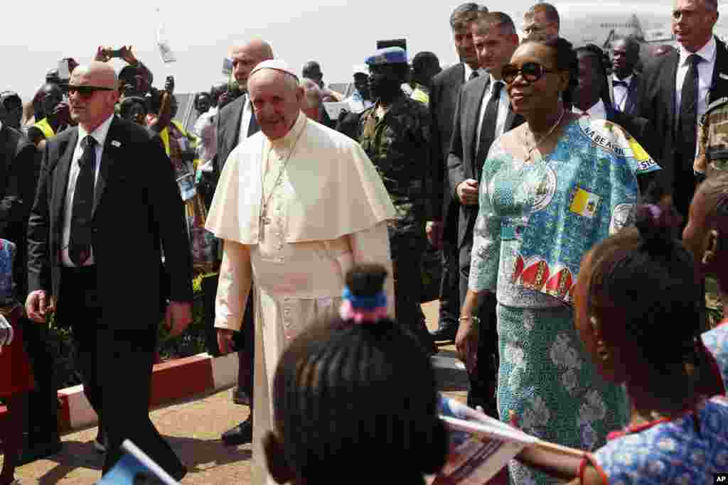 Pope Francis arrives in Bangui, Central African Republic, on the third leg of his trip to Africa.