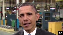 奧巴馬總統在印第安納州的一個混合能源科技廠區發表每週總統例行演說