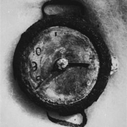 The Hiroshima explosion, recorded at 8:15am, August 6, 1945, is seen on the remains of a wristwatch found in the ruins