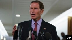 FILE - Senate Judiciary Committee member Sen. Richard Blumenthal, D-Conn., talks to media after a Senate Judiciary Committee hearing on Capitol Hill in Washington, Sept. 28, 2018.