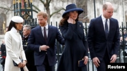 FILE - Britain's Prince Harry, his then-fiancee Meghan Markle, Prince William and Kate, the Duchess of Cambridge, arrive at the Commonwealth Service at Westminster Abbey in London, March 12, 2018. The four royals launched a texting service for those in a mental health crises.