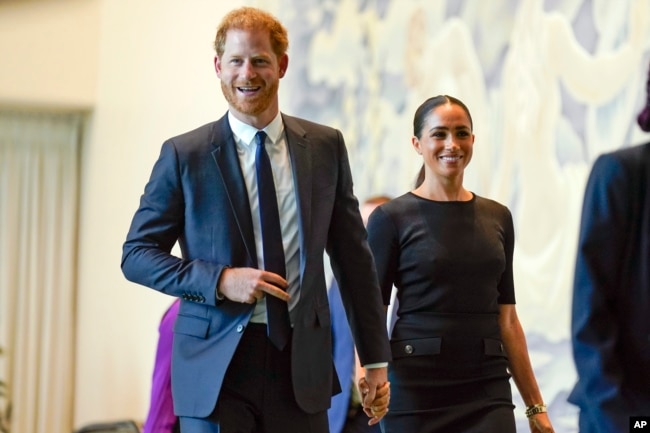 FILE - Prince Harry and Meghan Markle arrive at United Nations headquarters in New York on July 18, 2022.