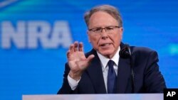 Nation Rifle Association Executive Vice President Wayne LaPierre speaks at the National Rifle Association Institute for Legislative Action Leadership Forum in Lucas Oil Stadium in Indianapolis, April 26, 2019.