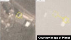 지난 3월 2일과 6일 각각 촬영한 북한 동창리 발사장 위성사진. 미세먼지 때문에 화질이 좋지 않지만 2일 발사장 중심부(1)에 있던 조립건물이 6일 80~90m 동남쪽 원래 위치(2번)로 옮겨진 것을 확인할 수 있다. 사진 제공: 플래닛 랩스(Planet Labs).