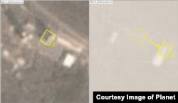 지난 2019년 3월 2일과 6일 각각 촬영한 북한 동창리 발사장 위성사진. 발사장 중심부(1)에 있던 조립건물이 6일 80~90m 동남쪽 원래 위치(2번)로 옮겨진 것을 확인할 수 있다. 사진 제공: 플래닛 랩스(Planet Labs).