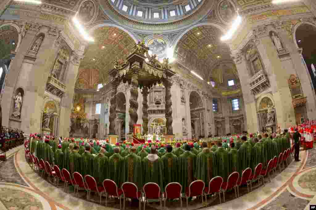 Pope Francis, rear center, celebrates a mass in St. Peter's Basilica at the Vatican, to open the extraordinary Synod on the family. 