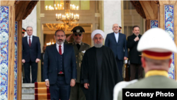 Iranian Foreign Minister Mohammad Javad Zarif, 2nd from right, at a welcoming ceremony for Armenian Prime Minister Nikol Pashinyan in Tehran, Feb. 27, 2019. (Courtesy IRNA)