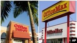 Composición de fotos de los rótulos y tiendas de Office Depot y OfficeMax en Miami.