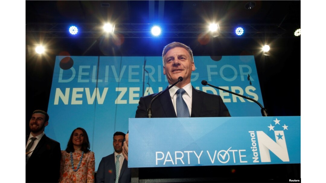 New Zealand Prime Minister Bill English speaks to supporters during an election night event in Auckland, New Zealand, Sept. 23, 2017.