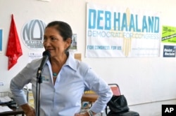 Debra Haaland, a Democratic candidate for Congress, speaks at her Albuquerque, N.M., headquarters, June 4, 2018. She won her party's nomination and will vie for the state's 1st District seat.