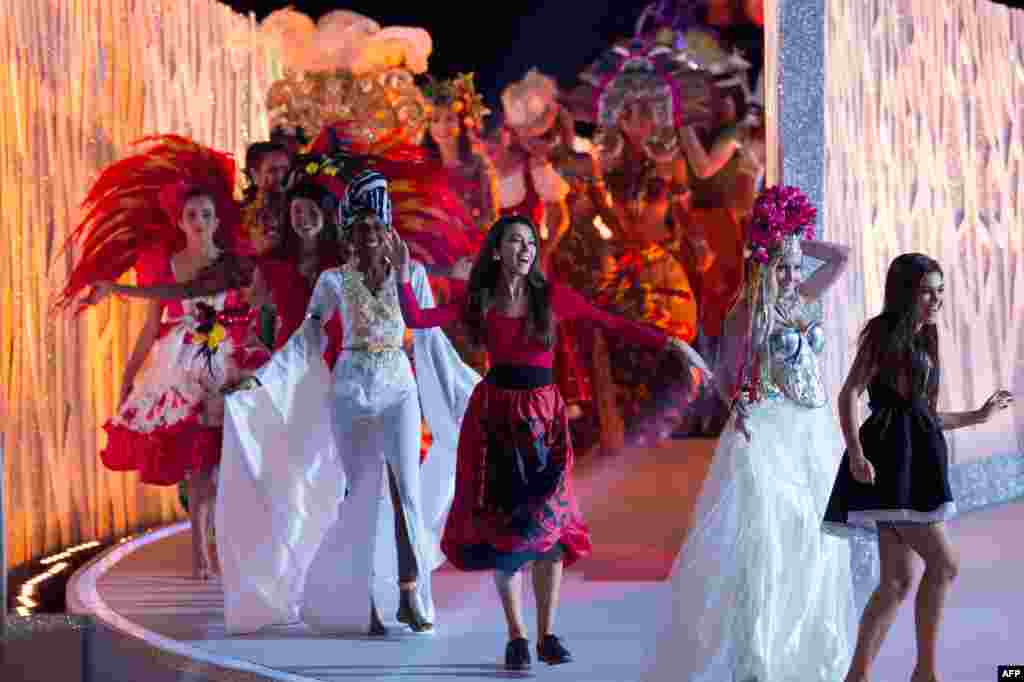 Contestants perform during the dress rehearsal for the Miss World Grand Final in Sanya, southern Hainan province, China. The 65th edition of the Miss World Grand Final will kick off on Saturday.