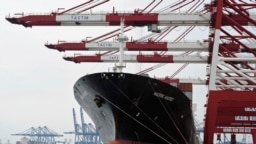 中国天津港内停泊的一艘货轮正在装货（资料照片）