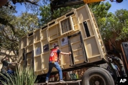 Dr. Amir Khalil, secures Charley inside a transport container at the Pretoria's National Zoological Gardens, Aug. 19, 2024. (Four Paws via AP)