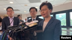 香港特首林郑月娥2019年7月15日就反送中抗议示威活动对媒体讲话。