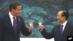 British Prime Minister David Cameron and Chinese Premier Wen Jiabao toast a signing ceremony at the Great Hall of the People in Beijing, 09 Nov 2010
