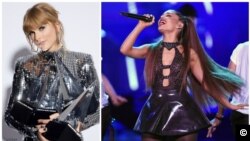 Taylor Swift (i) y Ariana Grande (d) recibieron 10 postulaciones cada una para los MTV Video Music Awards.