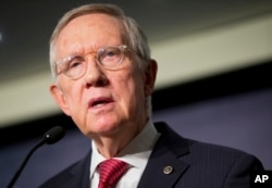Senate Minority Leader Harry Reid, D-Nev., discusses the Iran nuclear agreement during his speech at the Carnegie Endowment for International Peace in Washington, Sept. 8, 2015.