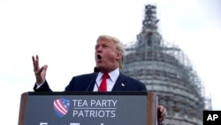 Republican presidential candidate Donald Trump speaks at a rally organized by Tea Party Patriots in on Capitol Hill in Washington, Sept. 9, 2015, to oppose the Iran nuclear agreement.