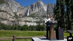President Barack Obama speaks by the Sentinel Bridge, in front of the Yosemite Falls, the highest waterfall in Yosemite National Park, Calif., June 18, 2016.
