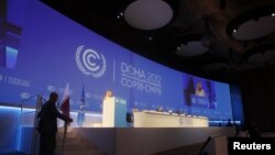 Christiana Figueres, Executive Secretary of the United Nations Framework Convention on Climate Change, speaks at the opening session of the United Nations Climate Change Conference in Doha, Qatar, November 26, 2012.