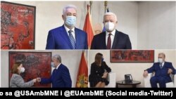 Zdravko Krivokapić i Duško Marković, aktuelni i bivši premijeri Crne Gore i susret Krivokapića sa ambasadorkama SAD-a i Evropske unije - Rajzing Rajnke i Oanom Kristinom Popa (Foto: Twitter)