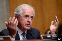 Sen. Bob Corker, R-Tenn., questions Secretary of State Mike Pompeo as he testifies before the Senate Foreign Relations Committee on Capitol Hill in Washington, July 25, 2018, during a hearing on diplomacy and national security.