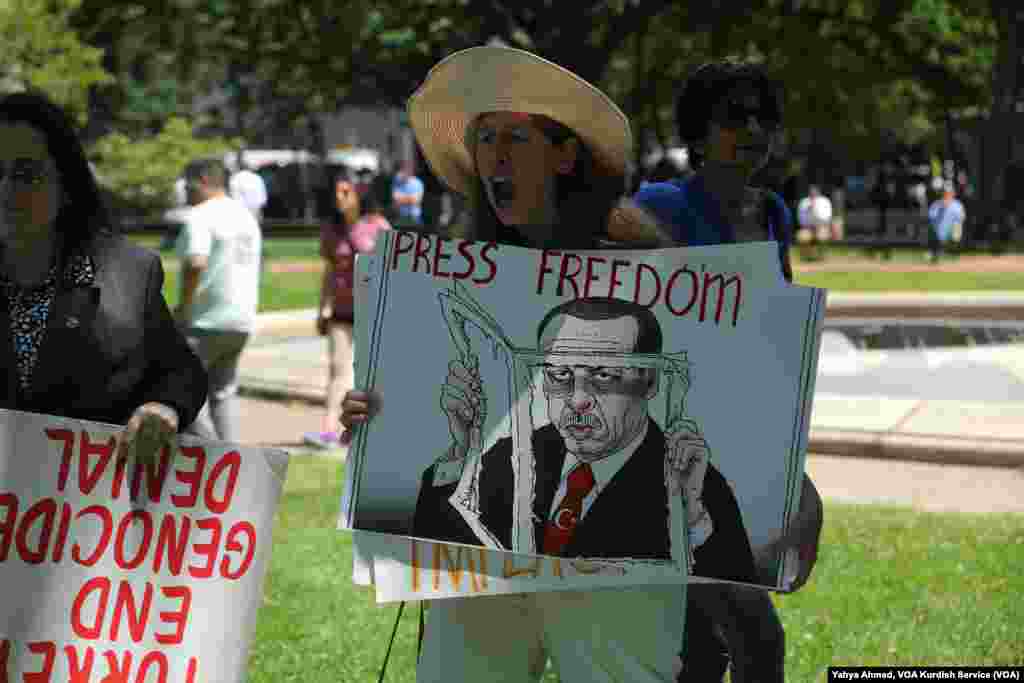 Protesters demonstrate outside the White House as Turkish President Recep Tayyip Erdogan meets with U.S. President Donald Trump, May 16, 2017.