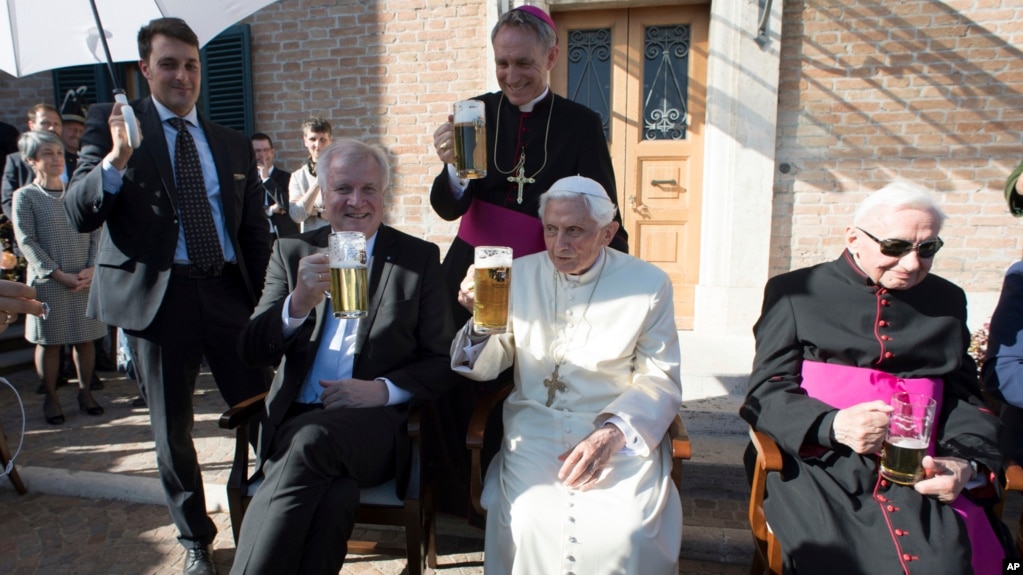 Image result for Pope celebrates 90th birthday with a mug of beer