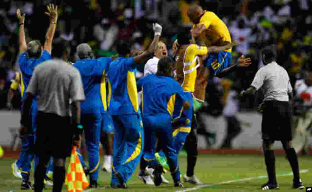 Gabon's Daniel celebrates his goal with teammates during their African Cup of Nations soccer match in Libreville