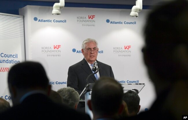 Secretary of State Rex Tillerson speaks at the 2017 Atlantic Council-Korea Foundation Forum in Washington, Dec. 12, 2017.