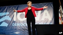 Democratic presidential candidate Elizabeth Warren speaks during the Iowa Democratic Party's Hall of Fame Celebration, June 9, 2019, in Cedar Rapids, Iowa. 