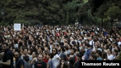 Protesters including students attend a rally against a Russian lawmaker's visit, outside Tbilisi State University in Tbilisi, Georgia June 21, 2019.