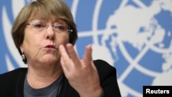 Komisaris Tinggi PBB Urusan HAM Michelle Bachelet berbicara di Jenewa, Swiss, Rabu (5/12).