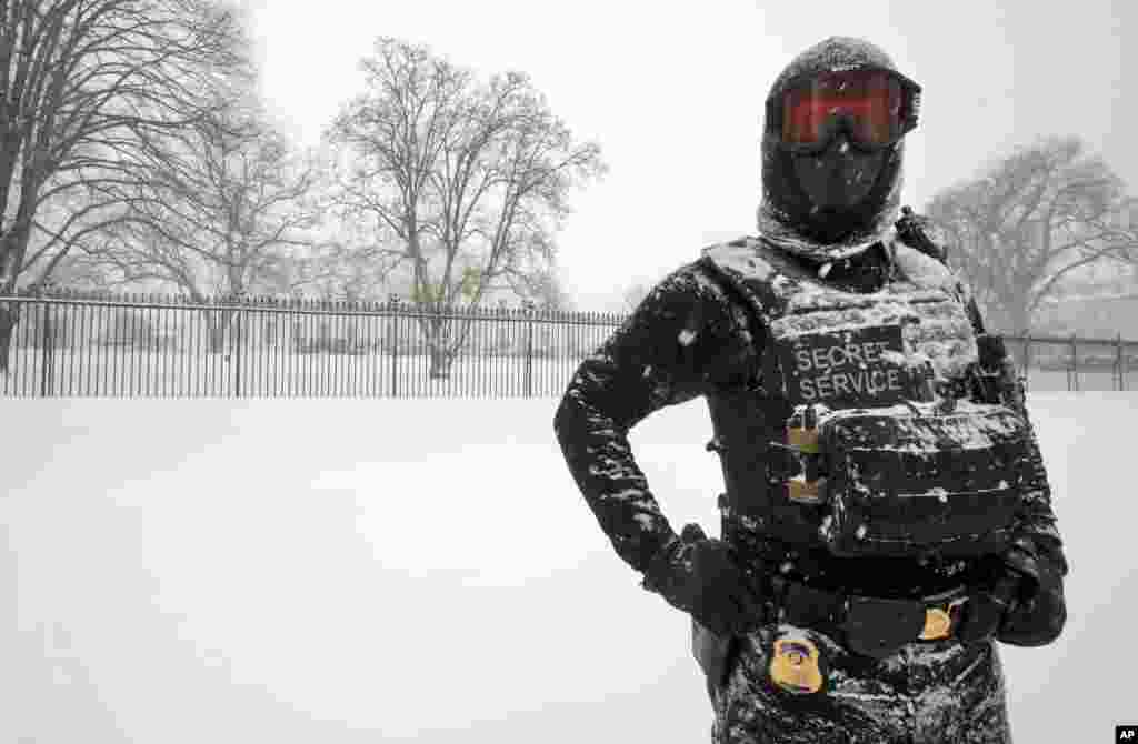 A uniformed U.S. Secret Service police officer stands guard in a knee-deep snow outside the White House in Washington, Saturday, Jan. 23, 2016. (AP Photo/Manuel Balce Ceneta)