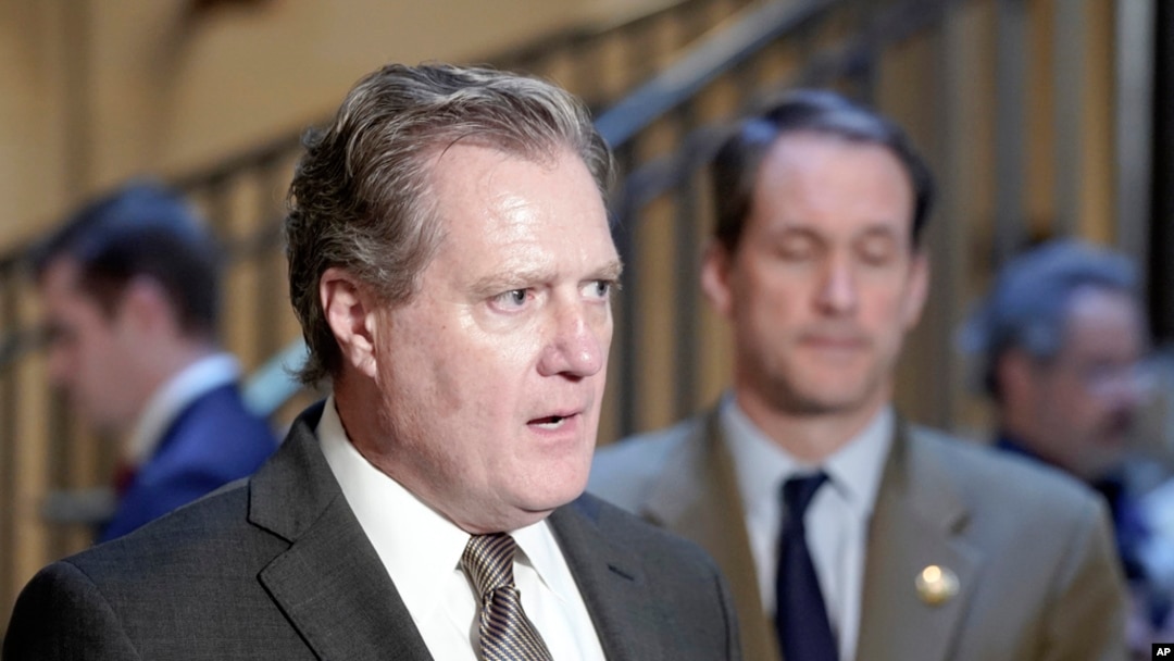 FILE - House Intelligence Chair Mike Turner, R-Ohio, left, speaks with reporters on Capitol Hill in Washington, Feb. 15, 2024.