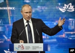 Russian President Vladimir Putin speaks at the Eastern Economic Forum in Vladivostok, Russia, Sept. 5, 2019.