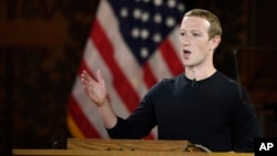 Facebook CEO Mark Zuckerberg speaks at Georgetown University in Washington, Oct. 17, 2019. 