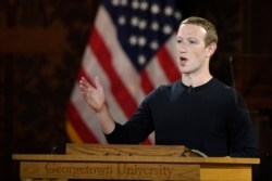 FILE - Facebook CEO Mark Zuckerberg speaks at Georgetown University in Washington, Oct. 17, 2019.