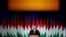Hungarian Prime Minister Viktor Orban delivers his annual state of the nation speech in Budapest, Hungary, Feb. 18, 2018. Slogan reads "For us, Hungary first!" 