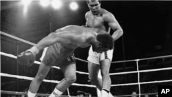 Mohamed Ali regarde s'effondrer le champion du monde George Foreman au huitième round du combat pour le titre de champion du monde WBA / WBC à Kinshasa, Zaïre, 30 octobre 1974. Foreman s’est fait compter par l'arbitre et Ali a repris la couronne des poids lourds du monde par KO dans ce combat surnommé «Rumble in the Jungle». (AP Photo)