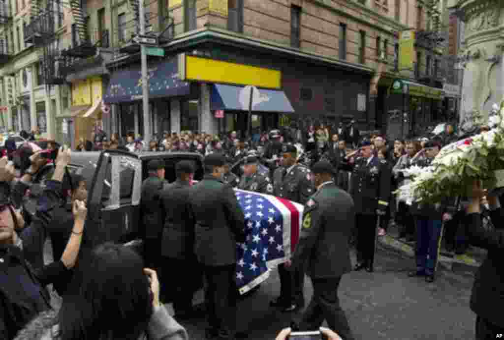 Pvt. Danny Chen&#39;s casket is carried into a hearse by soldiers during his funeral procession on Thursday, Oct. 13, 2011 in New York. (AP Photo/Jin Lee)