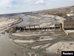 An aerial view of Spencer Dam after a storm triggered historic flooding, near Bristow, Nebraska, March 16, 2019.
