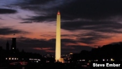 The Washington Monument as seen from the west front of the U.S. Capitol. The Lincoln Memorial is just beyond the monument.