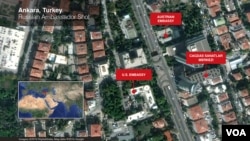 نقشه ای که نزدیکی محل ترور سفیر روسیه در یک نمایشگاه هنری را به سفارتخانه آمریکا نشان می دهد.
