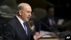 Prime Minister Benjamin Netanyahu speaks during the 67th session of the United Nations General Assembly at U.N. headquarters, September 27, 2012.