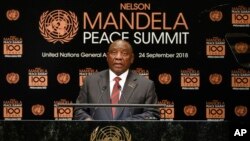 Cyril Ramaphosa lors du sommet Nelson Mandela pour la paix, pendant l'Assemblée générale des Nations Unies, au siège des États-Unis, le 24 septembre 2018. 