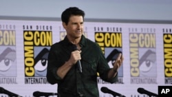 This July 18, 2019 file photo shows Tom Cruise presenting a clip from "Top Gun: Maverick" on day one of Comic-Con International in San Diego. (Photo by Chris Pizzello/Invision/AP, File)