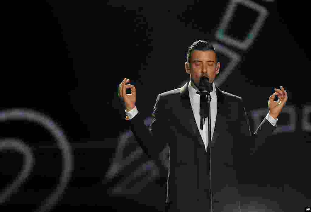 Francesco Gabbani from Italy performs the song "Occidentali's Karma" during the Final for the Eurovision Song Contest, in Kiev, Ukraine, May 13, 2017.