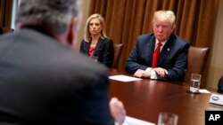Secretary of Homeland Security Kirstjen Nielsen and President Donald Trump listen to Rep. Peter King, R-N.Y., during a meeting with law enforcement officials on the MS-13 street gang and border security, in the Cabinet Room of the White House, Feb. 6, 2018.