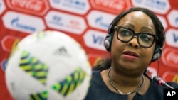 FILE - FIFA Secretary General Fatma Samoura speaks during a news conference in Moscow, Russia, July 5, 2016. 